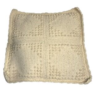 Vintage Handmade‎ Crochet Bobble Pillow Cream Wool Yarn Square Cushion 12" Boho